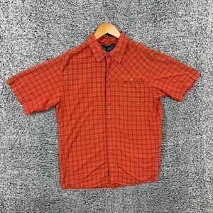 Outdoor Research Shirt Mens Medium Orange Plaid Snap Button Short Sleeve Hiking